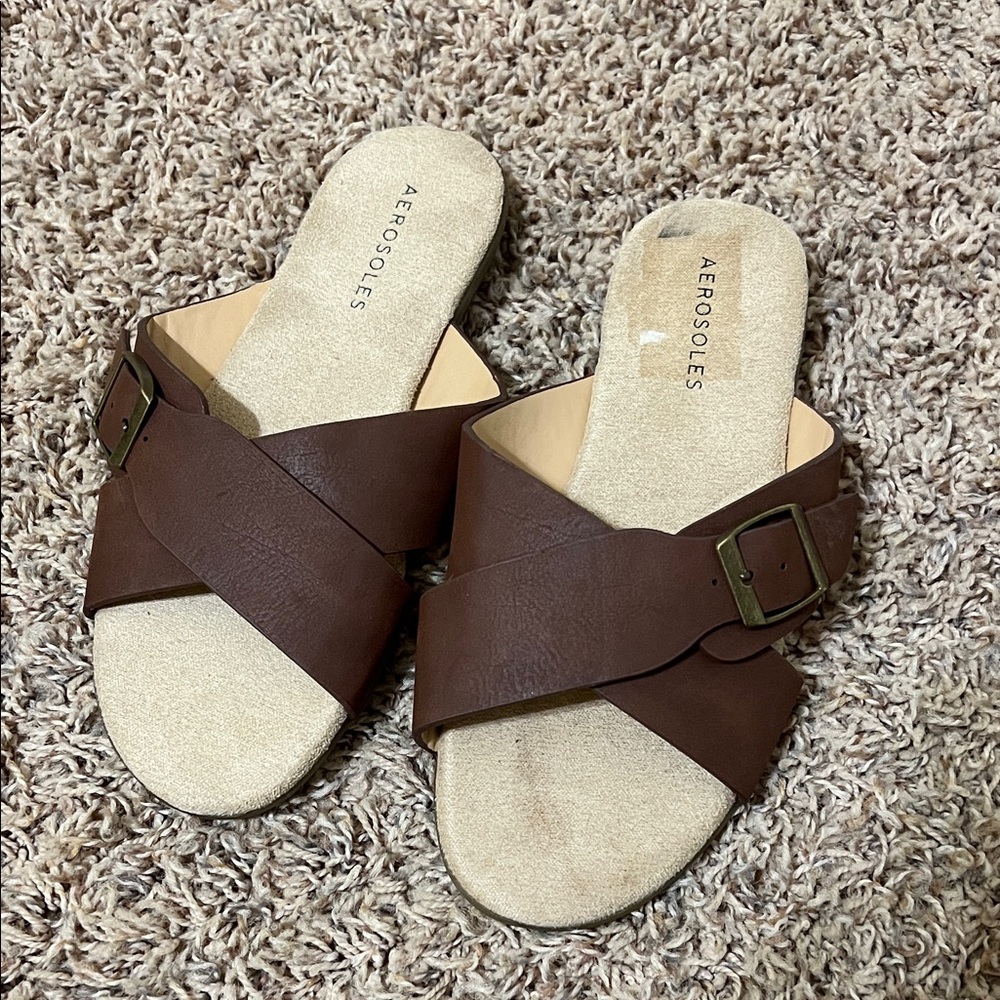 AEROSOLES Women's Pierra Brown Buckle Slip On Sandals 7